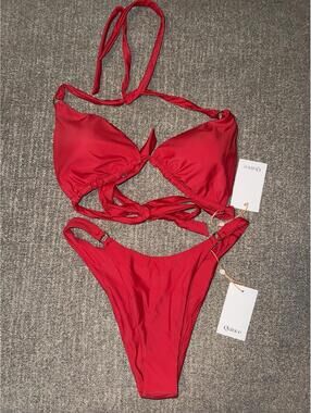 Quince NWT Red Triangle String Bikini Top XL Tie Back Halter Top SMALL Bottom